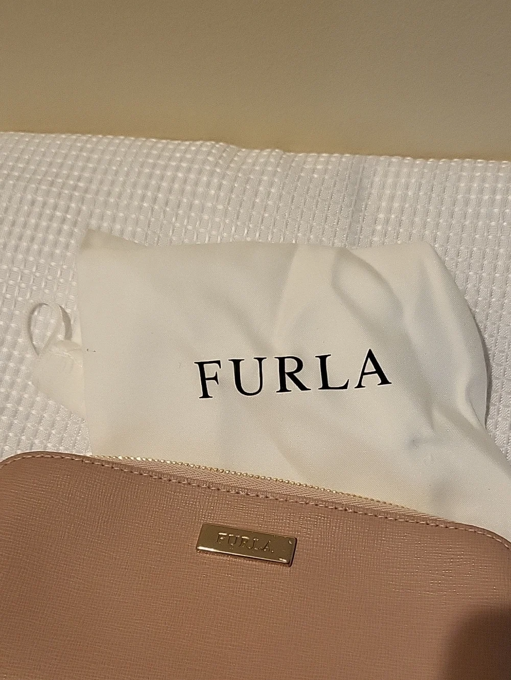 Furla Pale Pink Saffiano Cosmetic Case with Gold Hardware New With Tags